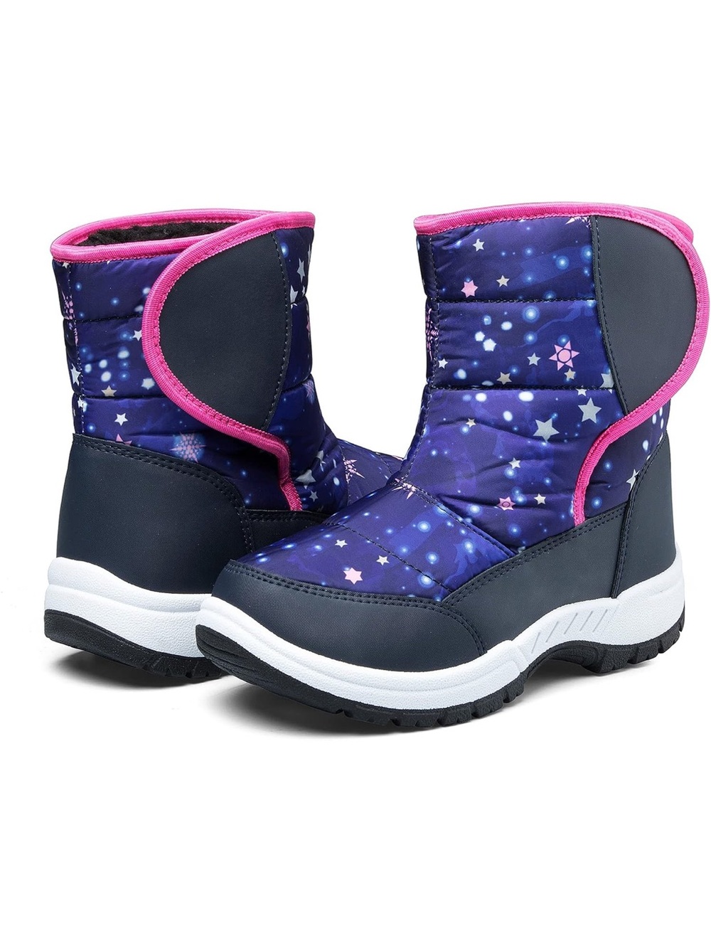 Kids Navy Star Print Winter Boots with Pink Trim